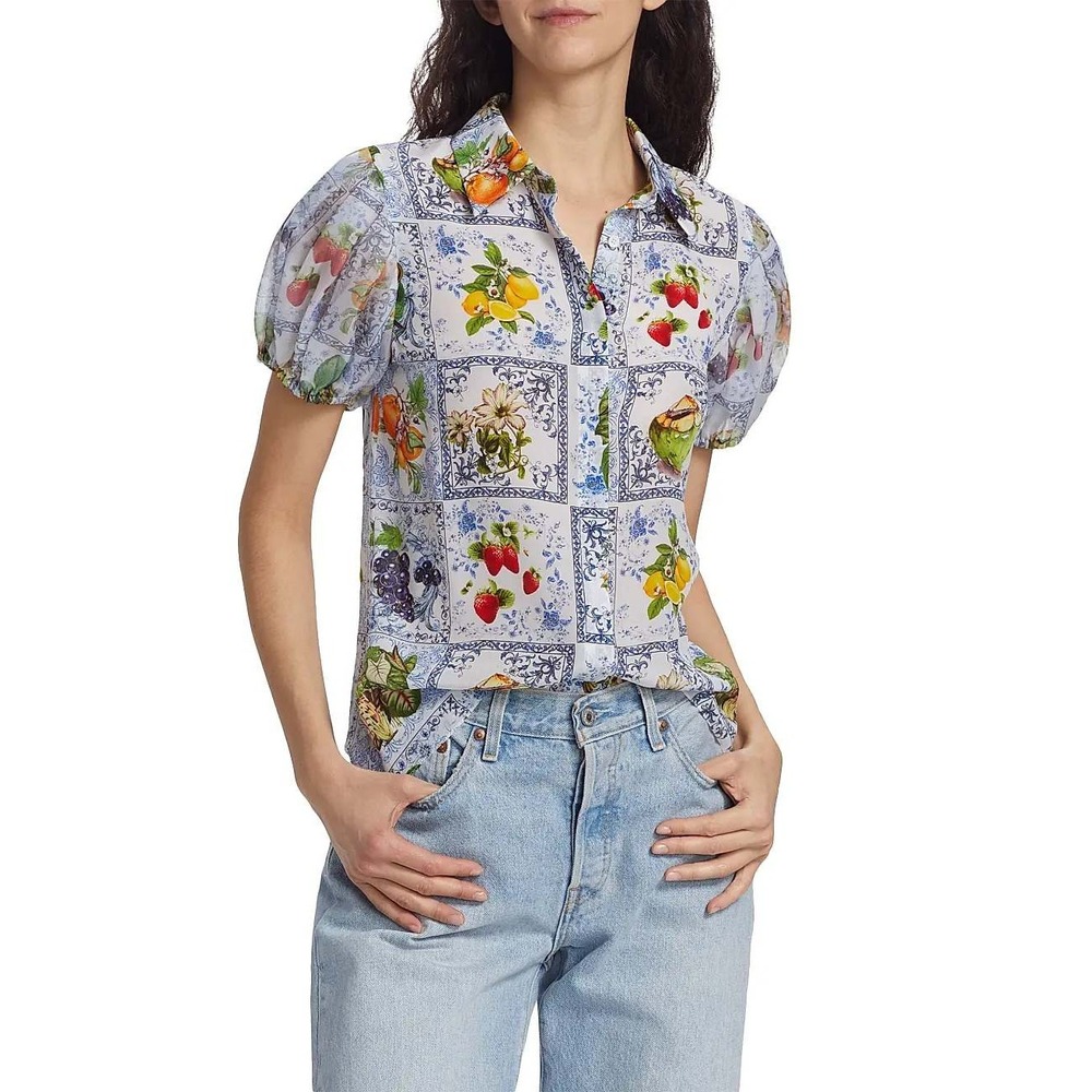 Alice + Olivia Willa Silk Puff Sleeve Blouse Fruit Market - Picture 1 of 16